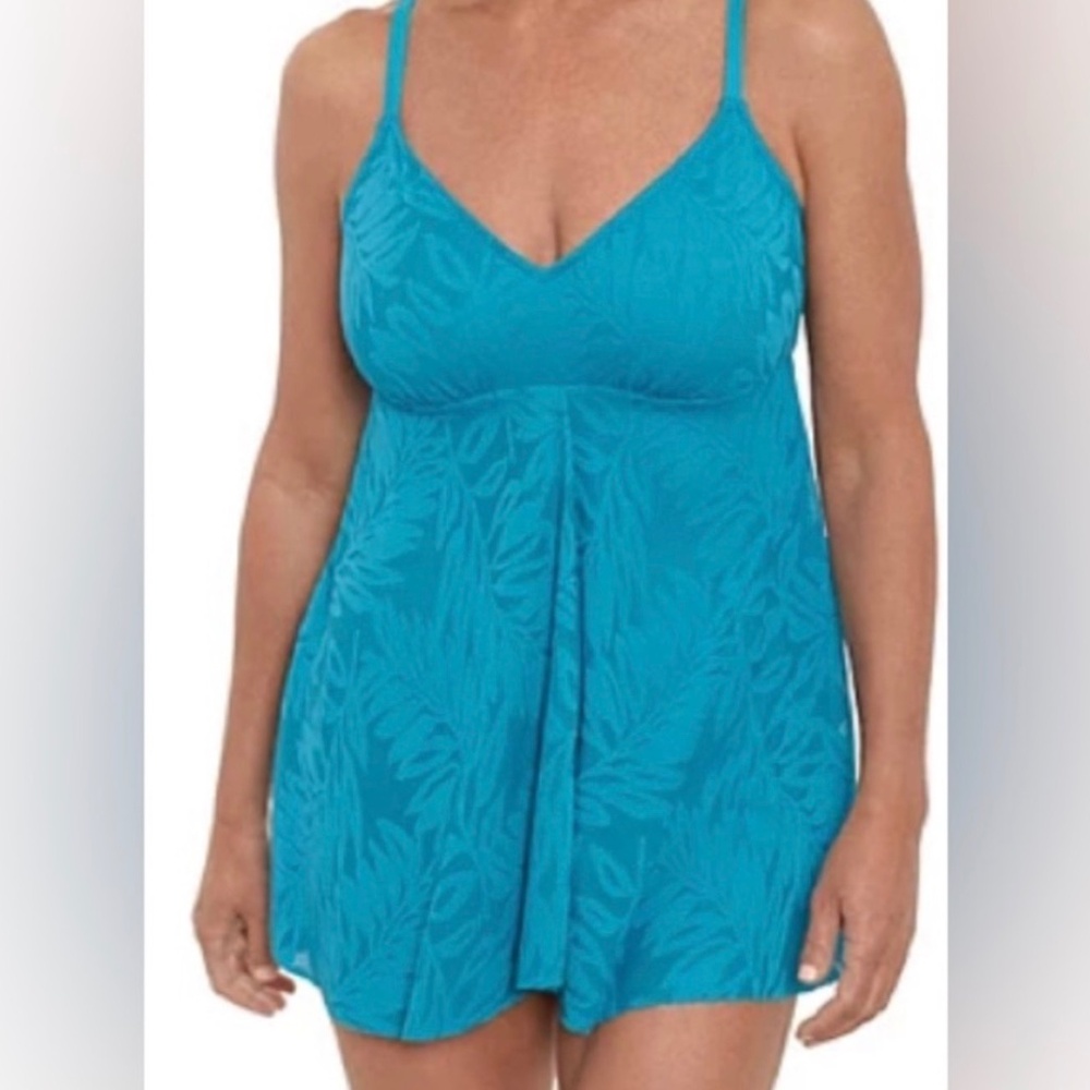 Bal Harbour Pleated Open Sewn Bra Cups Tummy Control Turquoise Swim Dress Size 8